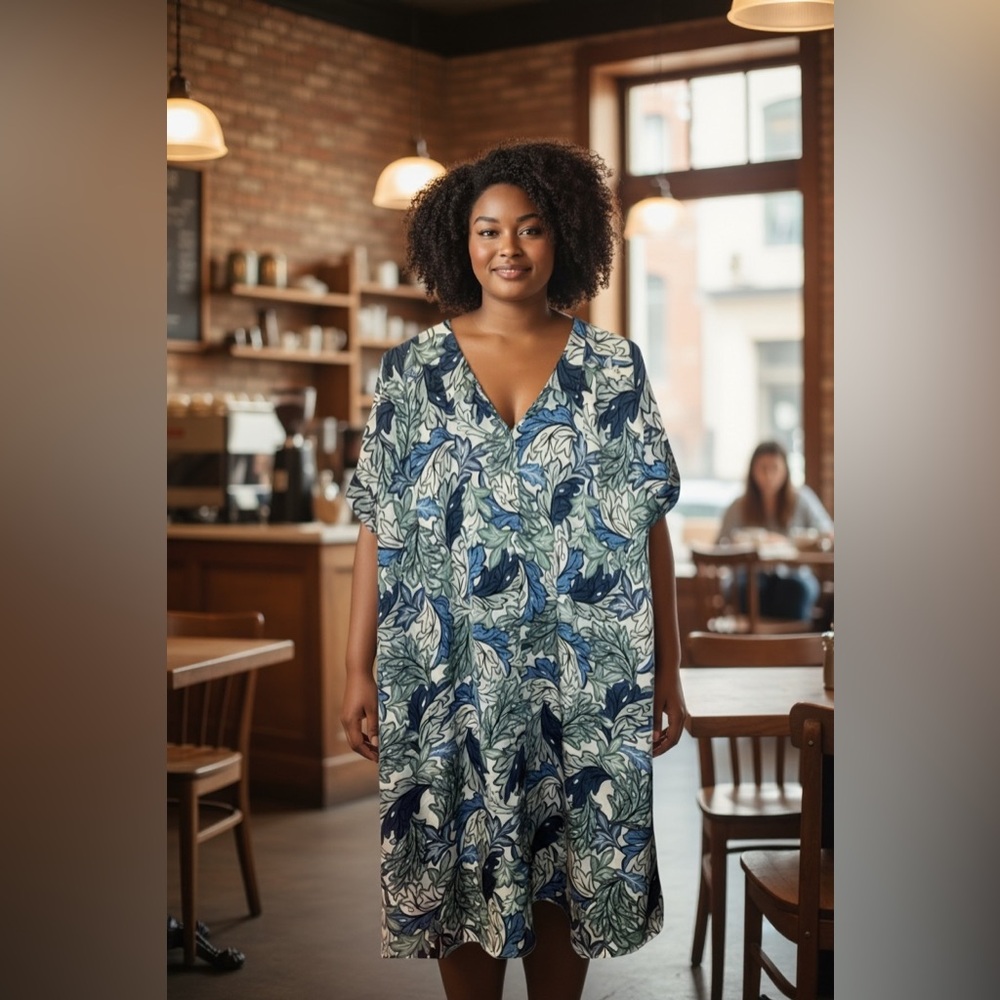 Lane Bryant Leaf Pattern Maxi Dress in Blue and Cream